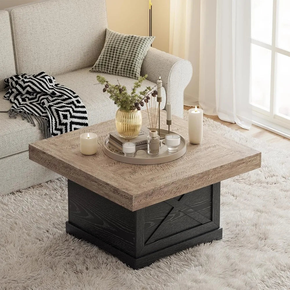 Rustic Square Wooden Coffee Table With Cross Leg Base Design