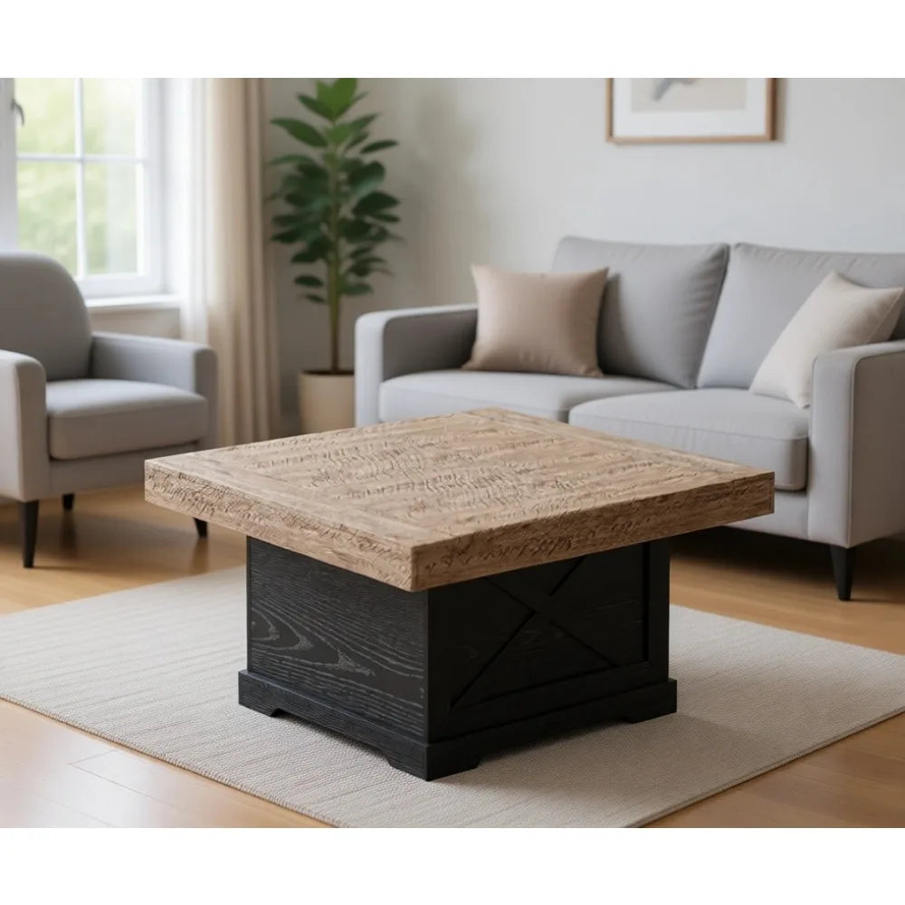 Rustic Square Wooden Coffee Table With Cross Leg Base Design