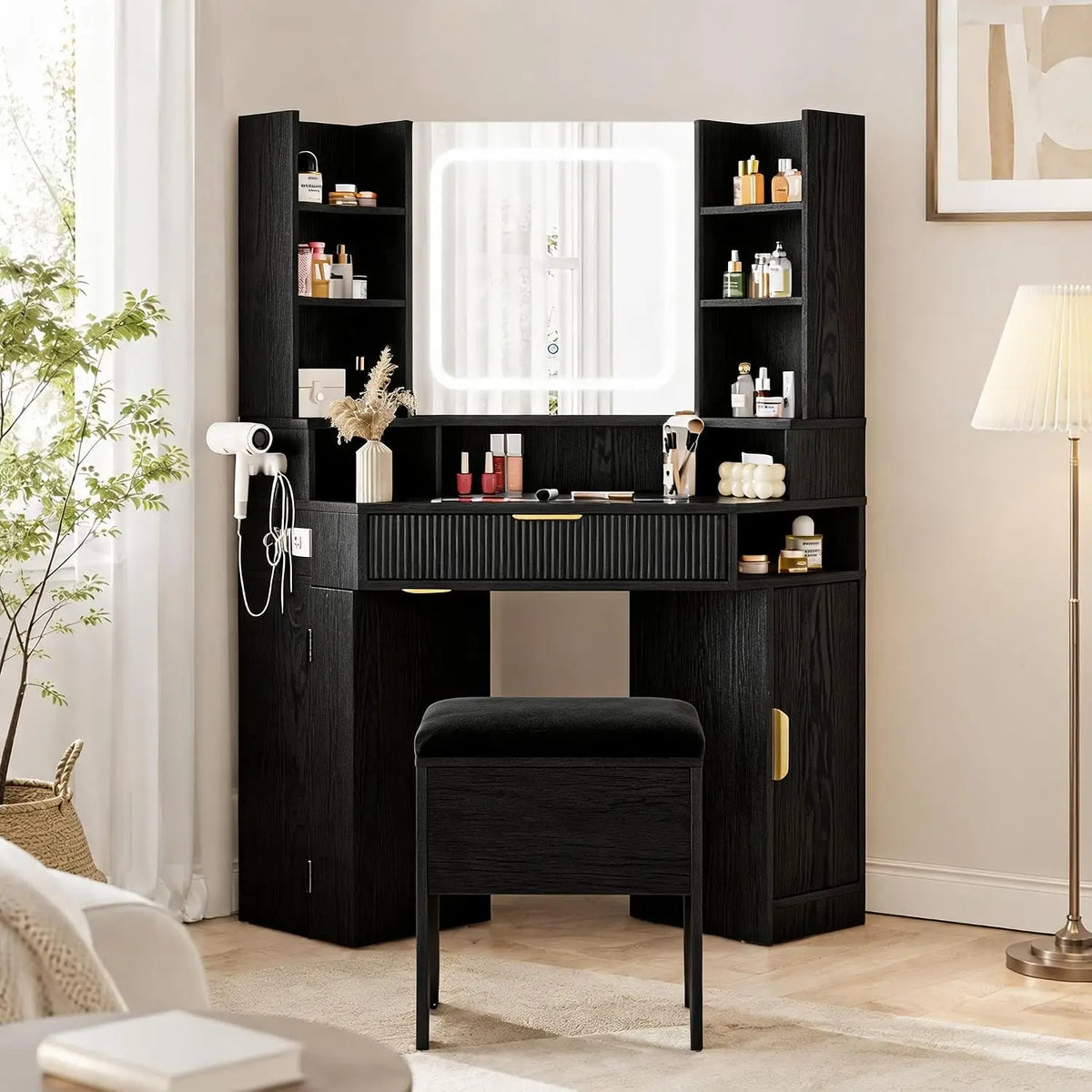 HiMISS Corner Vanity Desk With Mirror LED Lights And Charger