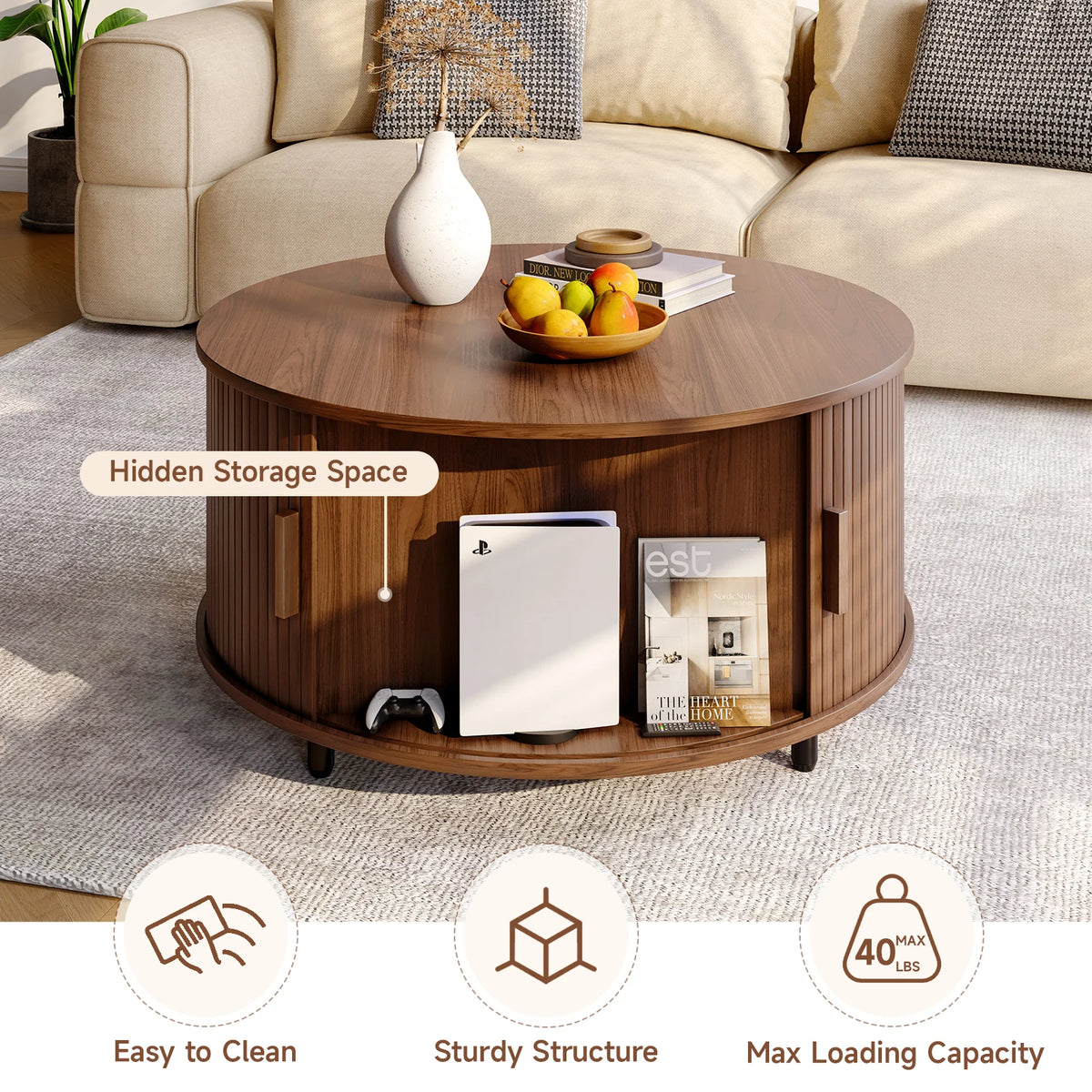 Onbrill Modern Round Coffee Table With Sliding Door Storage