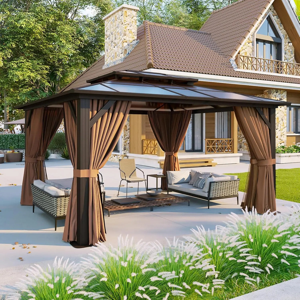Aluminum Frame Hardtop Gazebo With Polycarbonate Roof And Netting