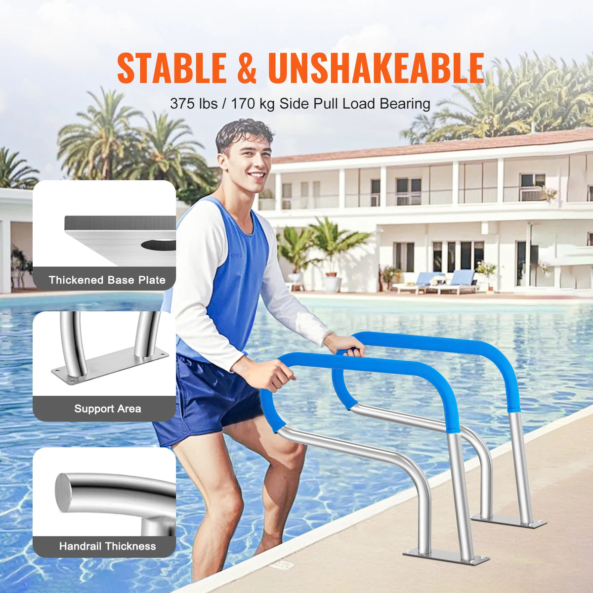 SucceBuy Stainless Steel Pool Handrail With Base Plate For Decks