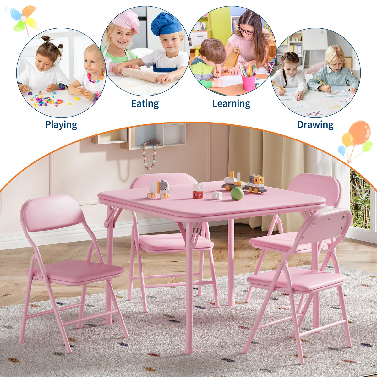 Wooden Kids Folding Table and Chairs Set for Playroom Activity