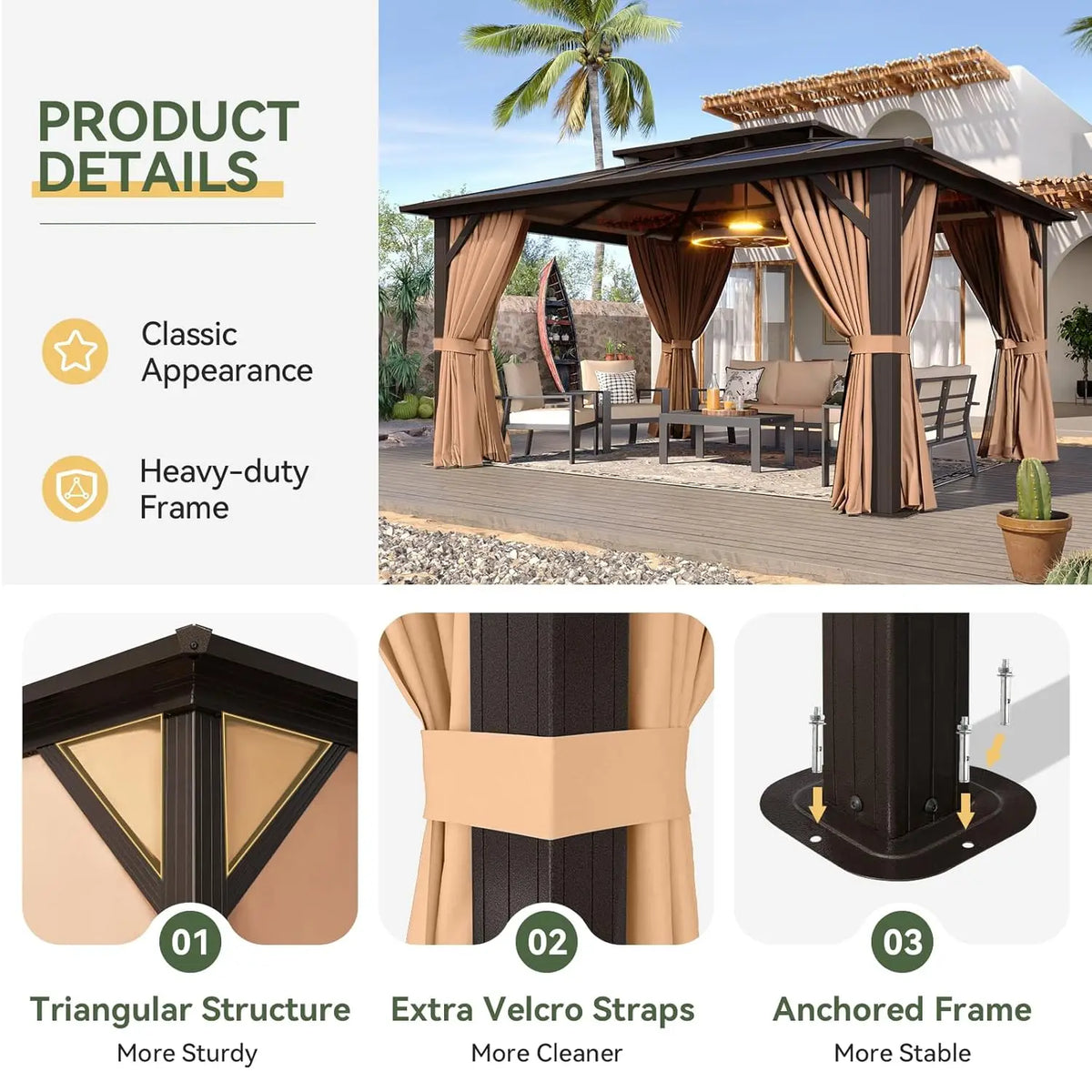Aluminum Frame Hardtop Gazebo With Polycarbonate Roof And Netting