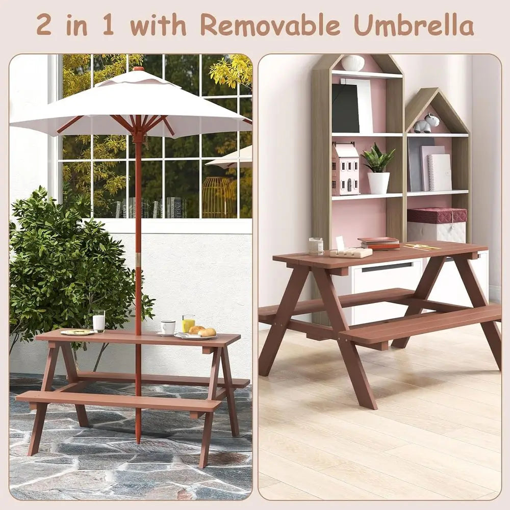 Wooden Kids Picnic Table With Bench And Removable Umbrella Set