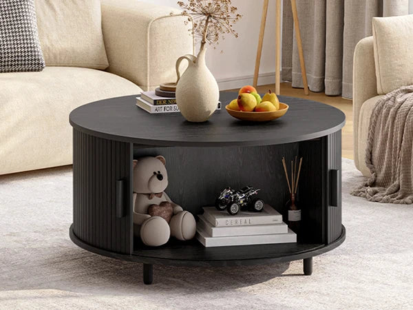 Onbrill Modern Round Coffee Table With Sliding Door Storage