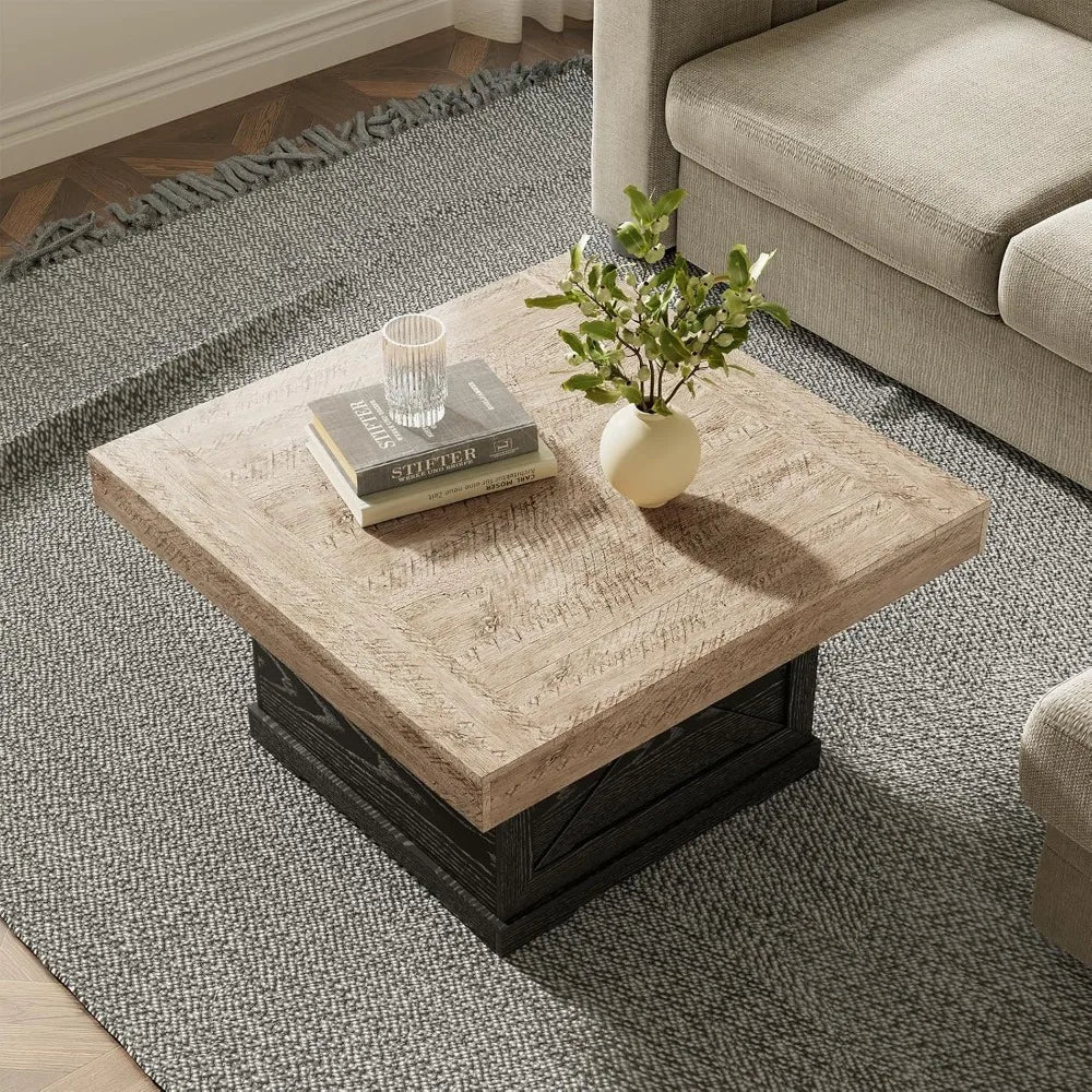 Rustic Square Wooden Coffee Table With Cross Leg Base Design