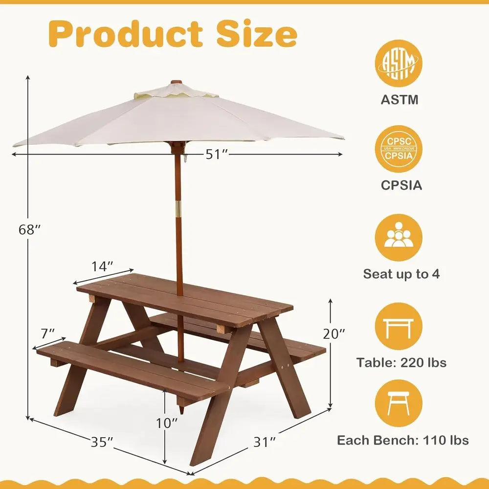 Wooden Kids Picnic Table With Bench And Removable Umbrella Set