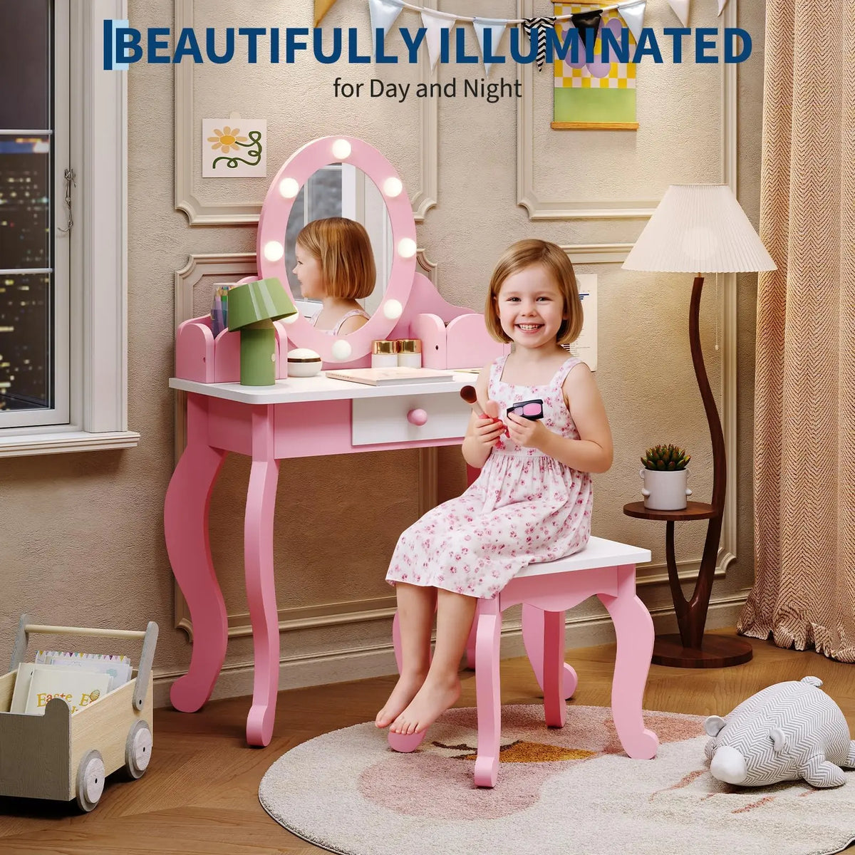 HiMISS Wooden Kids Vanity Desk With Illuminated Mirror