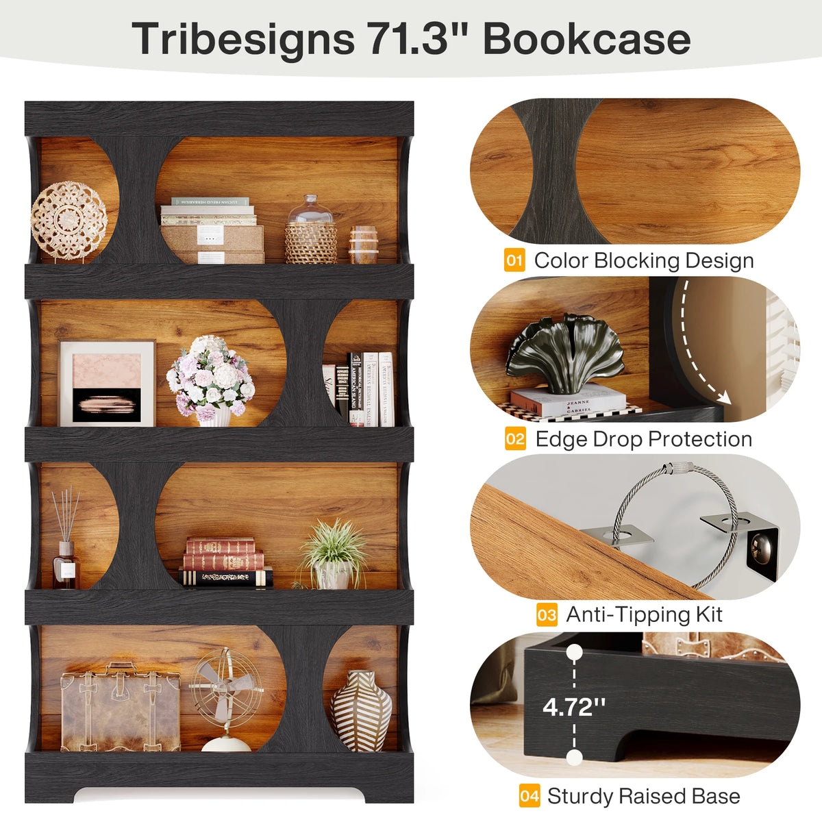 Tribesigns 4 Tier S Shape Wood Bookcase Home Display Shelves