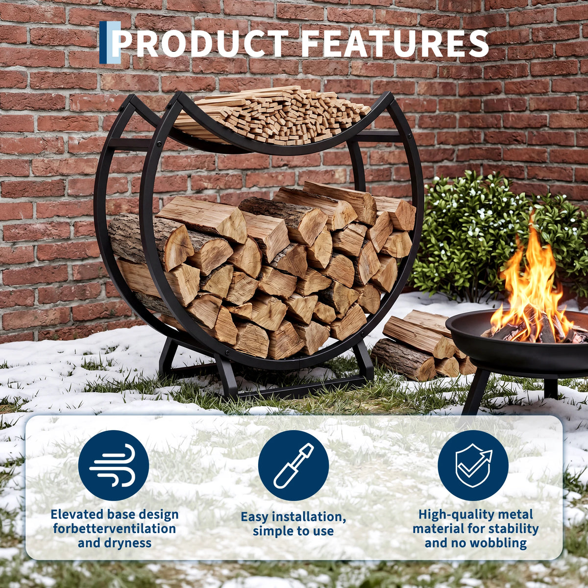 HiMiss Round Metal Firewood Rack For Indoor Outdoor Fireplace