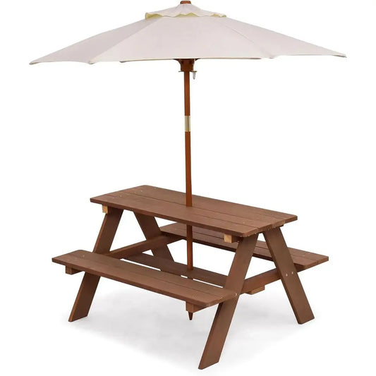 Wooden Kids Picnic Table With Bench And Removable Umbrella Set
