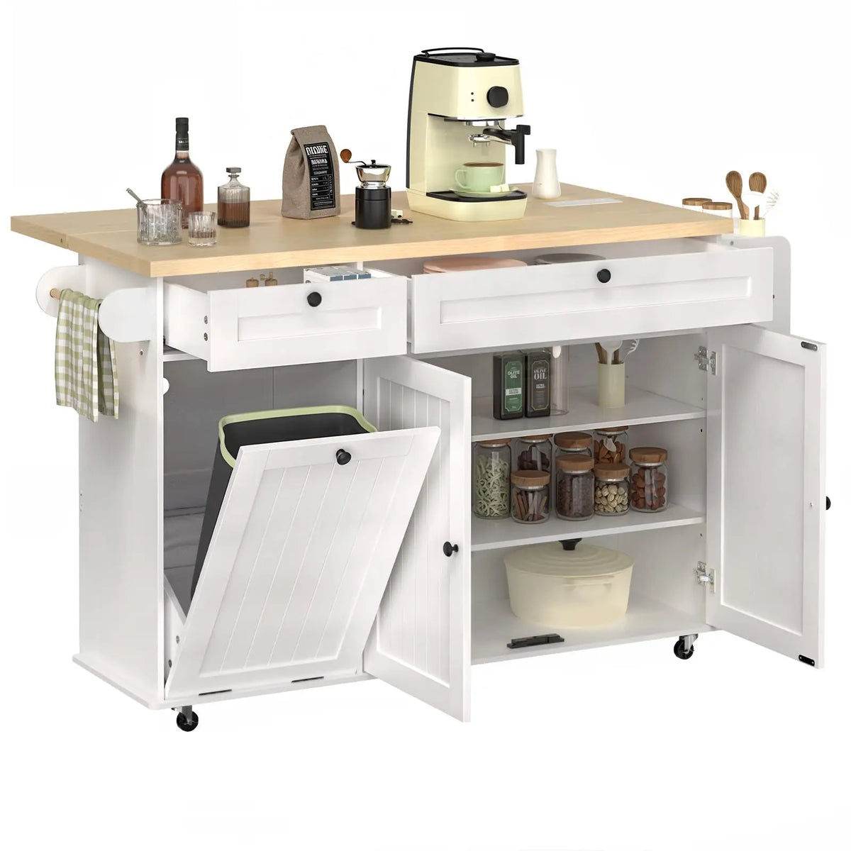 Onbrill Wood Rolling Kitchen Island With Power Outlet Trash Holder