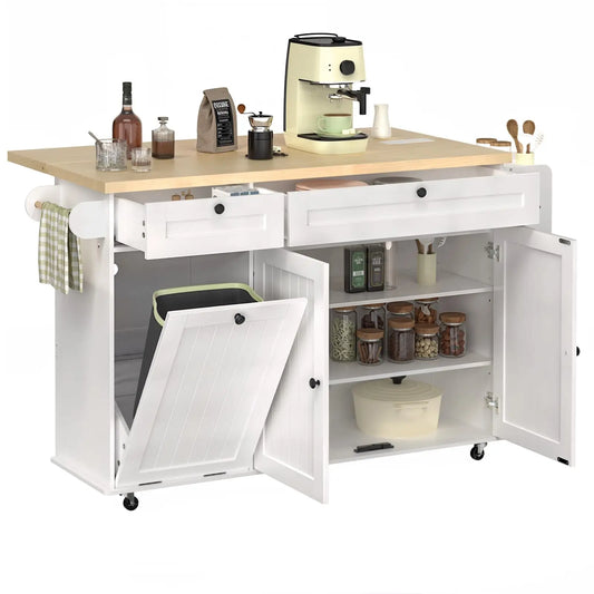 Onbrill Wood Rolling Kitchen Island With Power Outlet Trash Holder