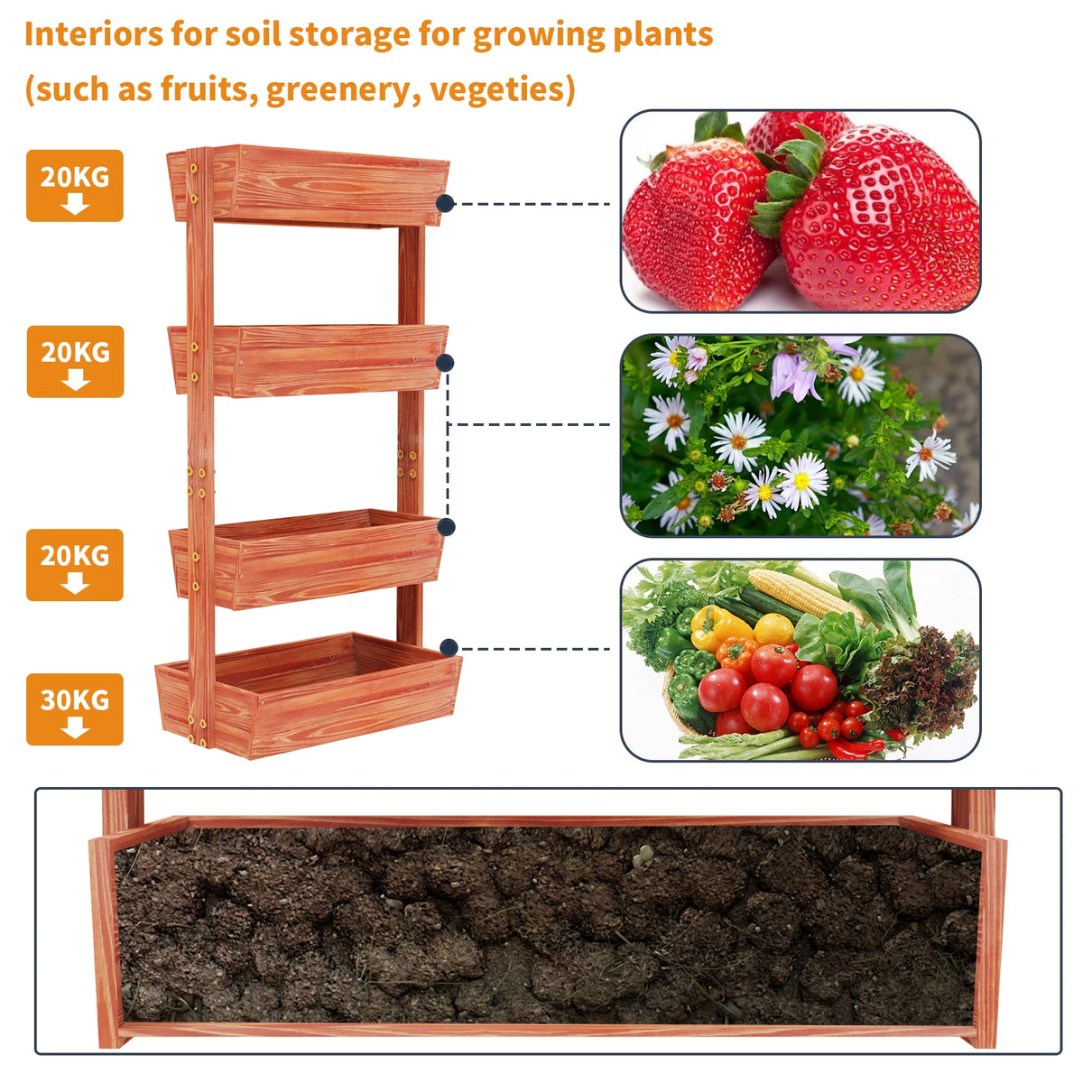Four Tier Solid Wood Raised Garden Bed With Removable Planters