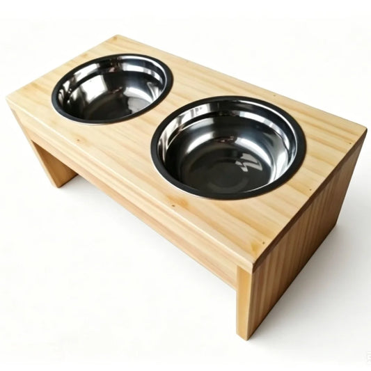 Wooden Elevated Dog Bowl Stand With Stainless Steel Double Bowls