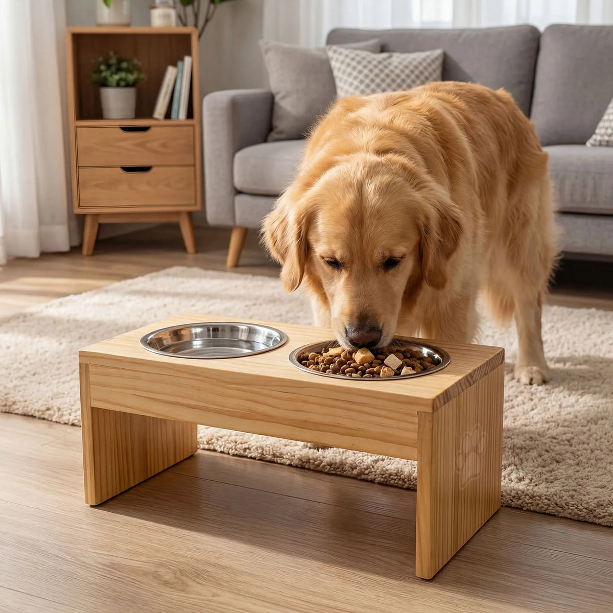 Wooden Elevated Dog Bowl Stand With Stainless Steel Double Bowls