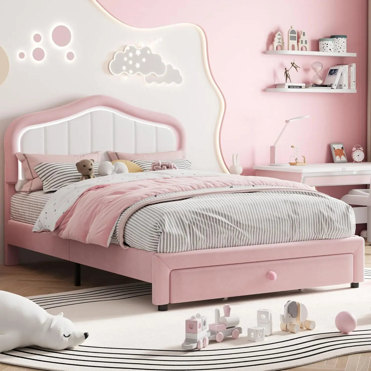 Studyset Kids Upholstered Bed Frame With Led Crown Headboard And Velvet