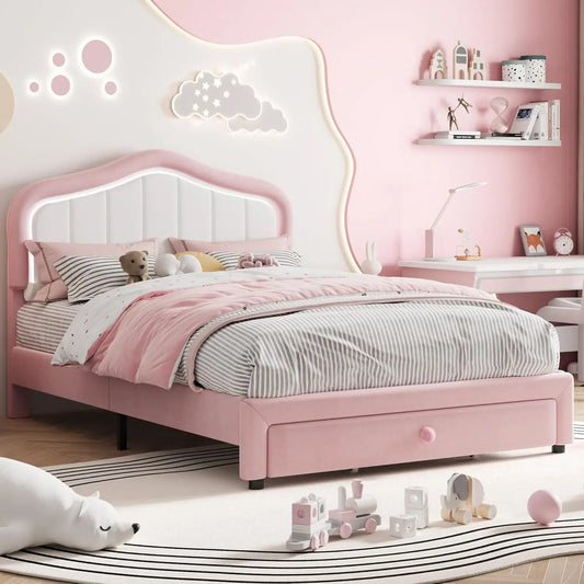 Studyset Kids Upholstered Bed Frame With Led Crown Headboard And Velvet