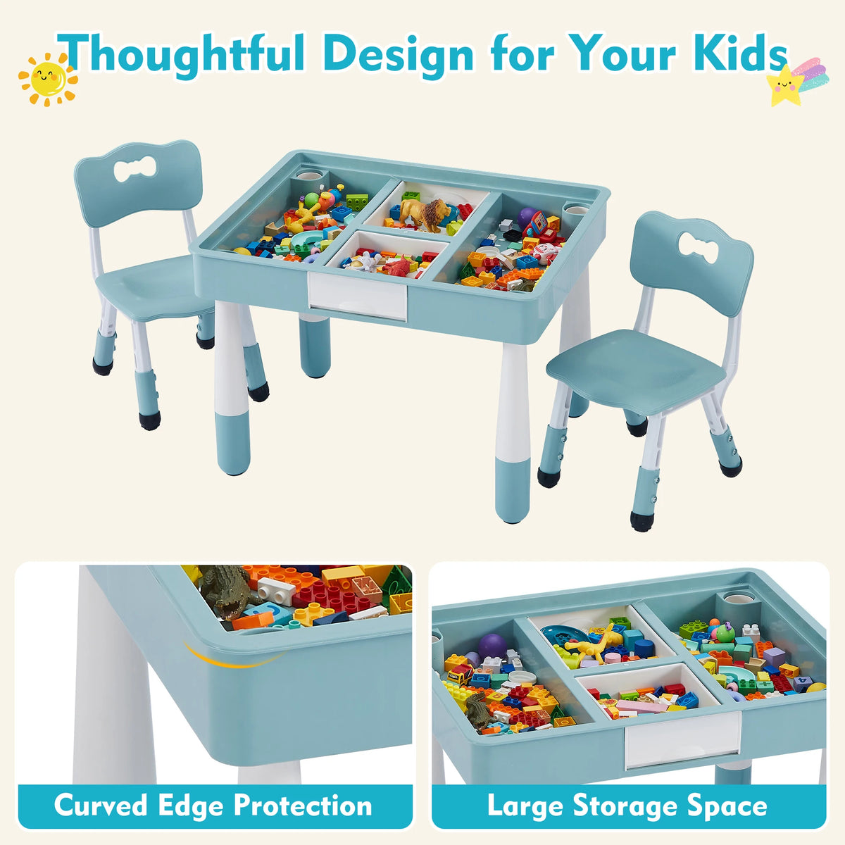 Adjustable Plastic Kids Table And Two Chairs Set With Storage