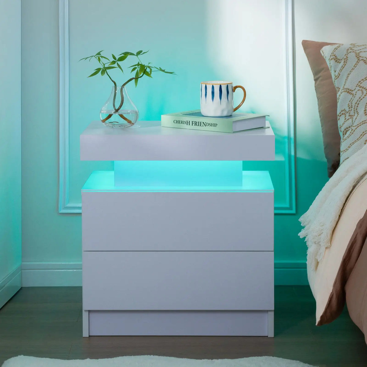 Cubehom LED Nightstand With Two Drawers And Bedroom Storage