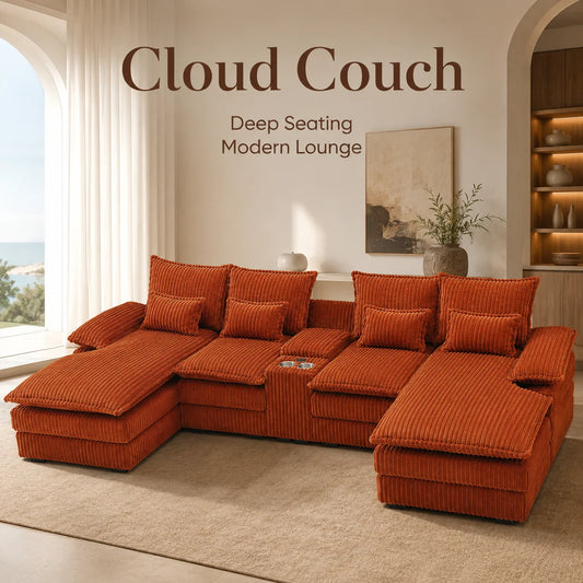 U Shaped Corduroy Sectional Sofa With Console And USB Ports