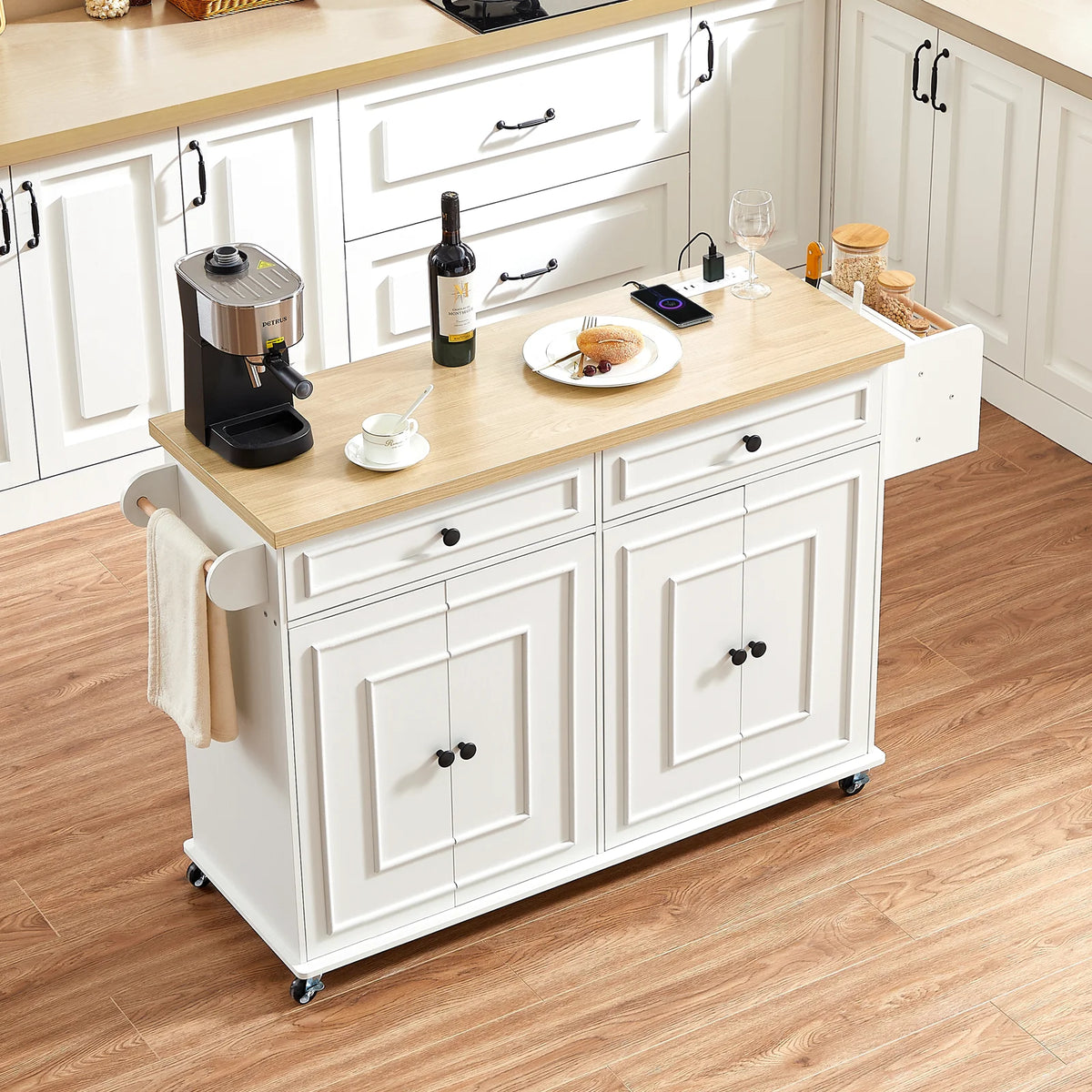 Wood Mobile Kitchen Island Drop Leaf Spice Rack Towel Rack