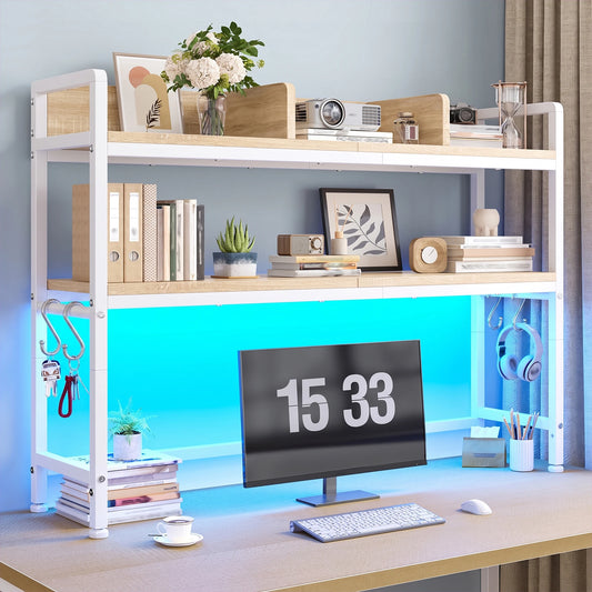 Two Tier LED Desk Shelf With Hooks And Storage Organizer
