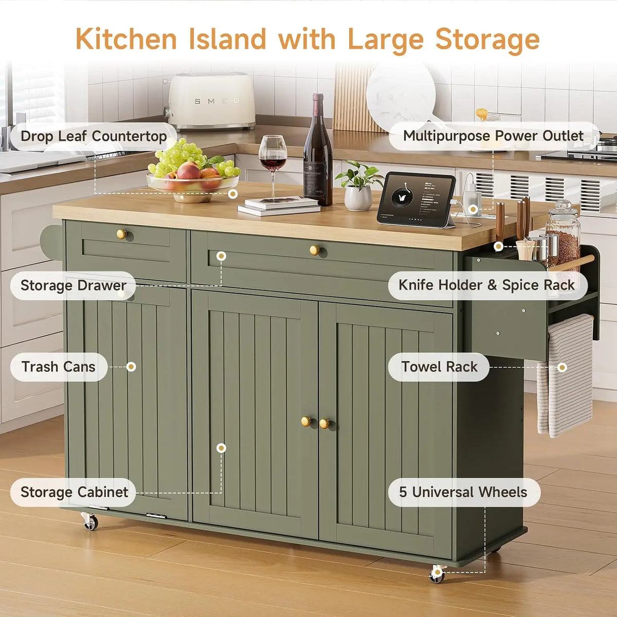 Onbrill Rolling Kitchen Island With Drawer And Power Outlet
