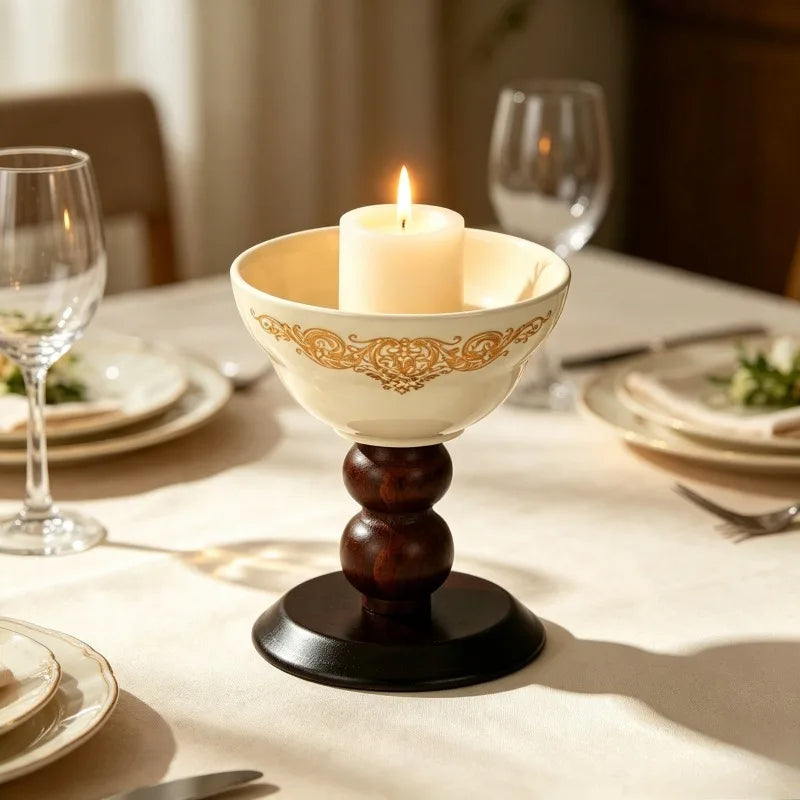Elegant Ceramic Tea Light Candle Holder With Wooden Pedestal