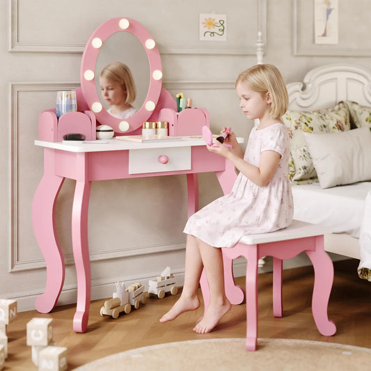 HiMISS Wooden Kids Vanity Desk With Illuminated Mirror