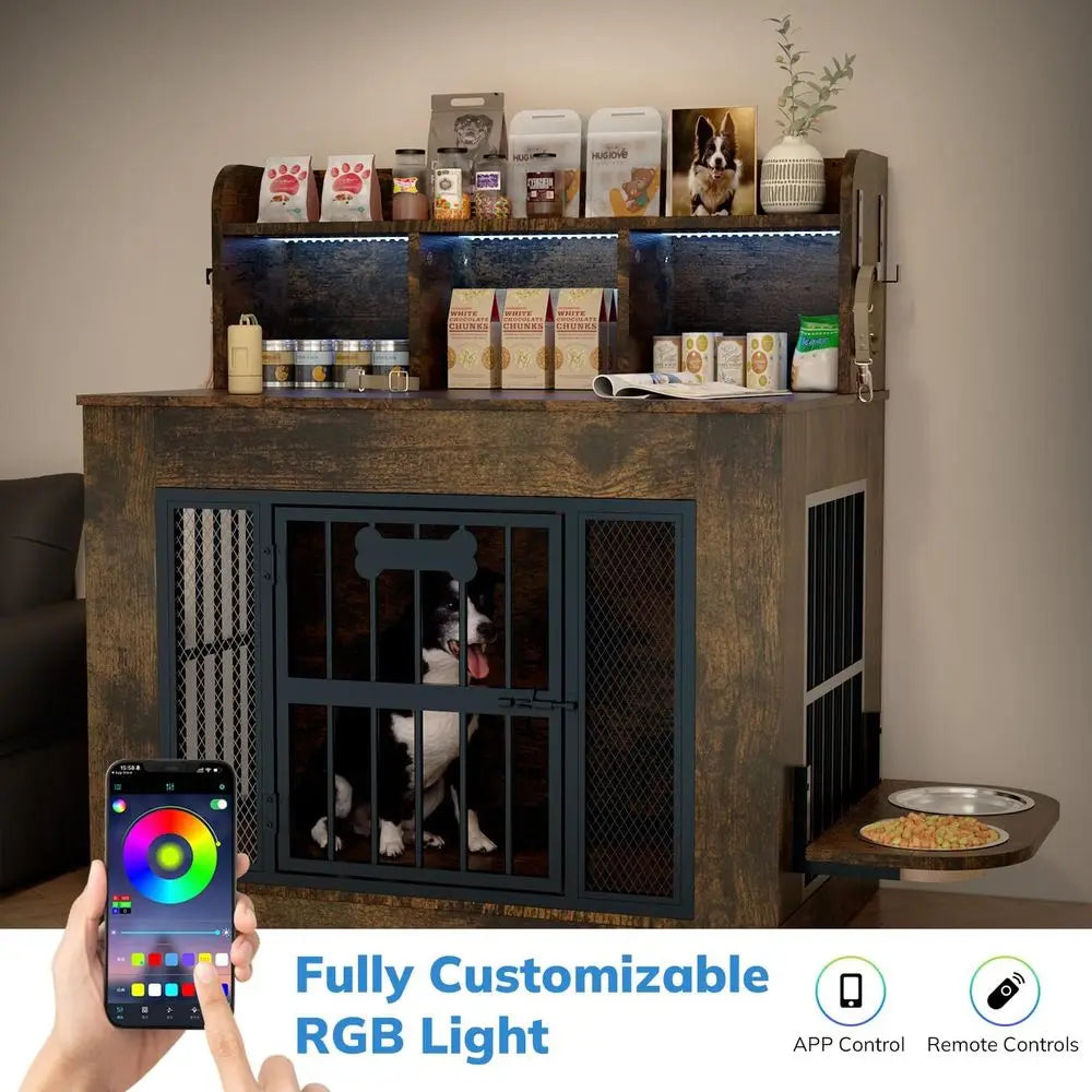 Heavy Duty Dog Crate Furniture With Storage Shelves And Bowls