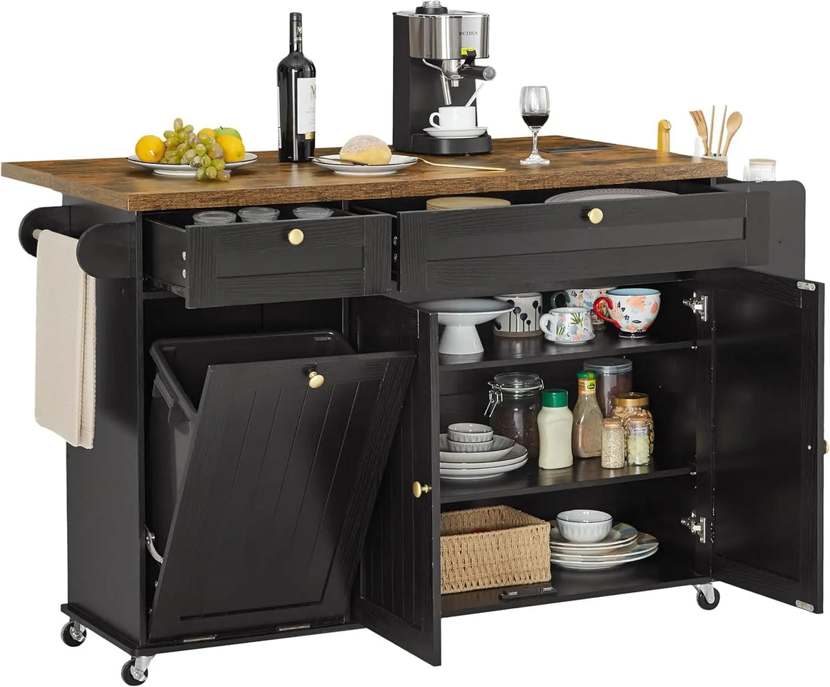 Onbrill Wood Rolling Kitchen Island With Power Outlet Trash Holder