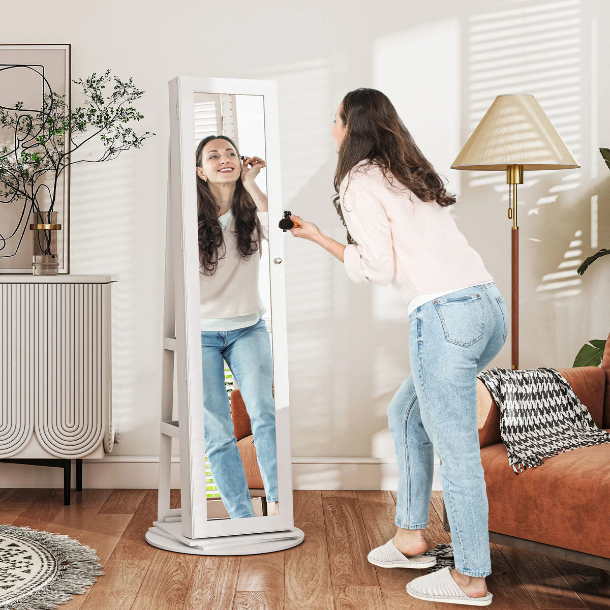 Homcom Lockable Swivel Jewelry Cabinet With Mirror And Back Storage