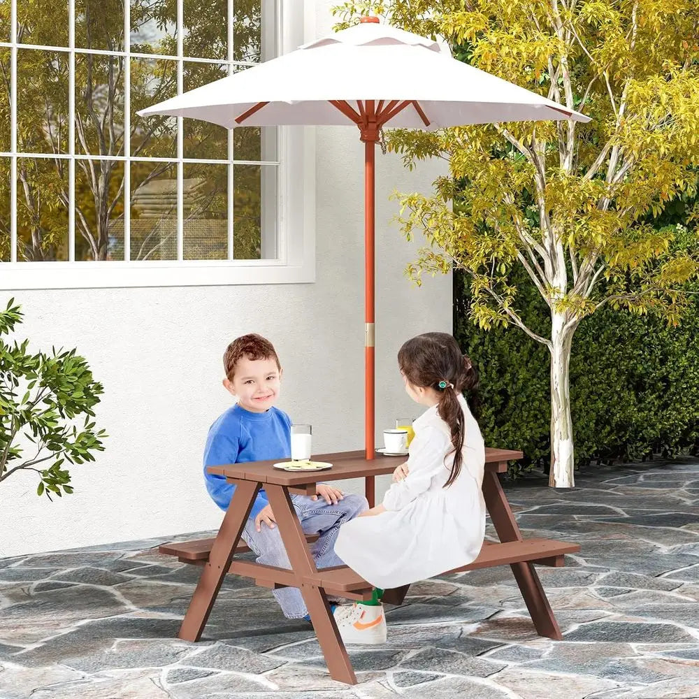 Wooden Kids Picnic Table With Bench And Removable Umbrella Set