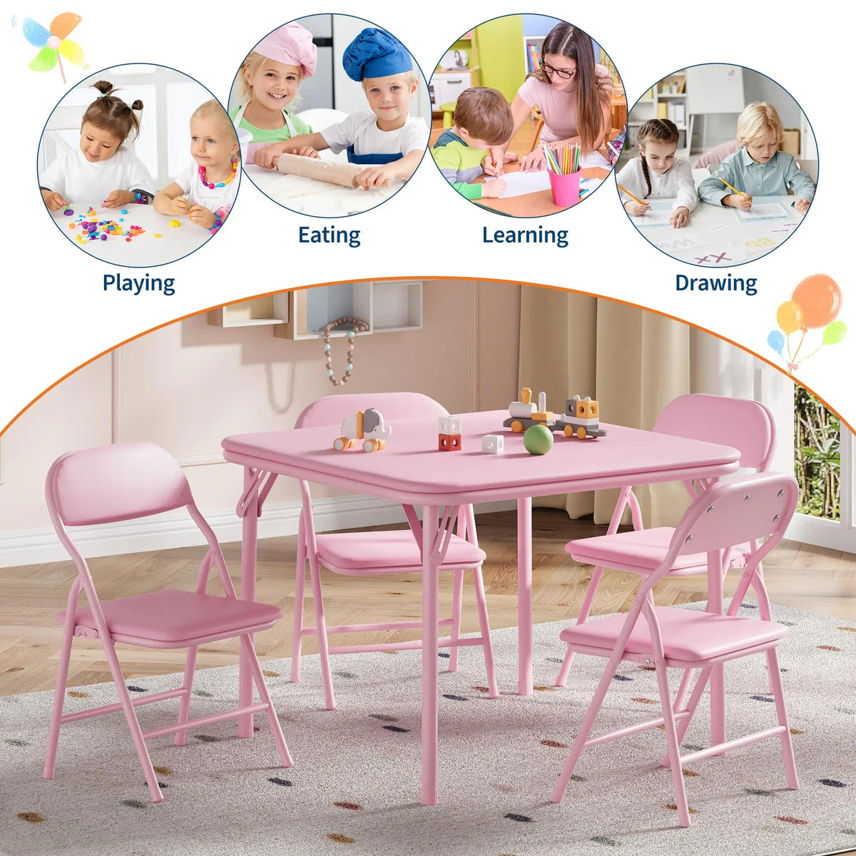 Wooden Kids Folding Table and Chairs Set for Playroom Activity