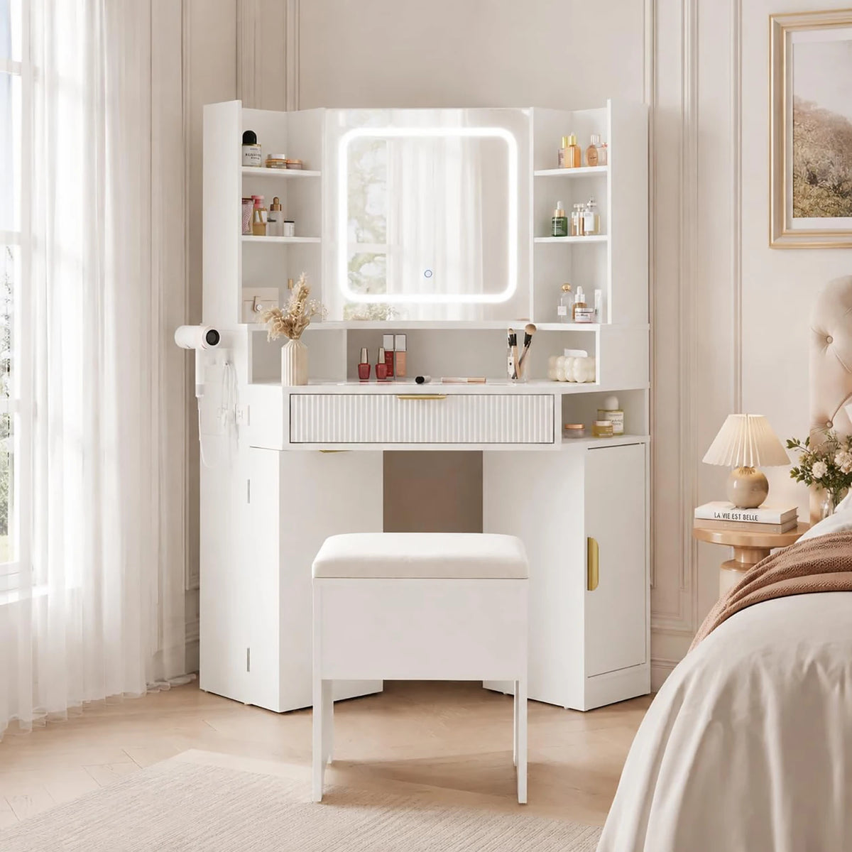 HiMISS Corner Vanity Desk With Mirror LED Lights And Charger