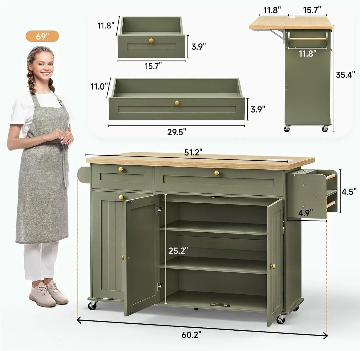 Onbrill Rolling Kitchen Island With Drawer And Power Outlet