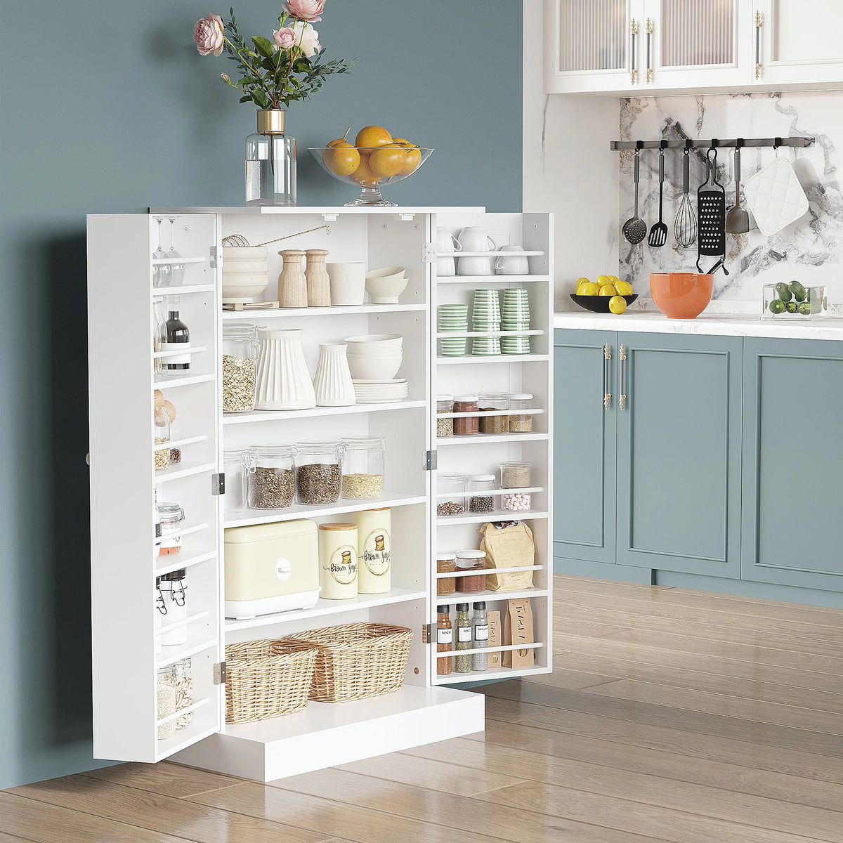 Homcom Modern Kitchen Pantry Cabinet With Double Doors Adjustable Shelves