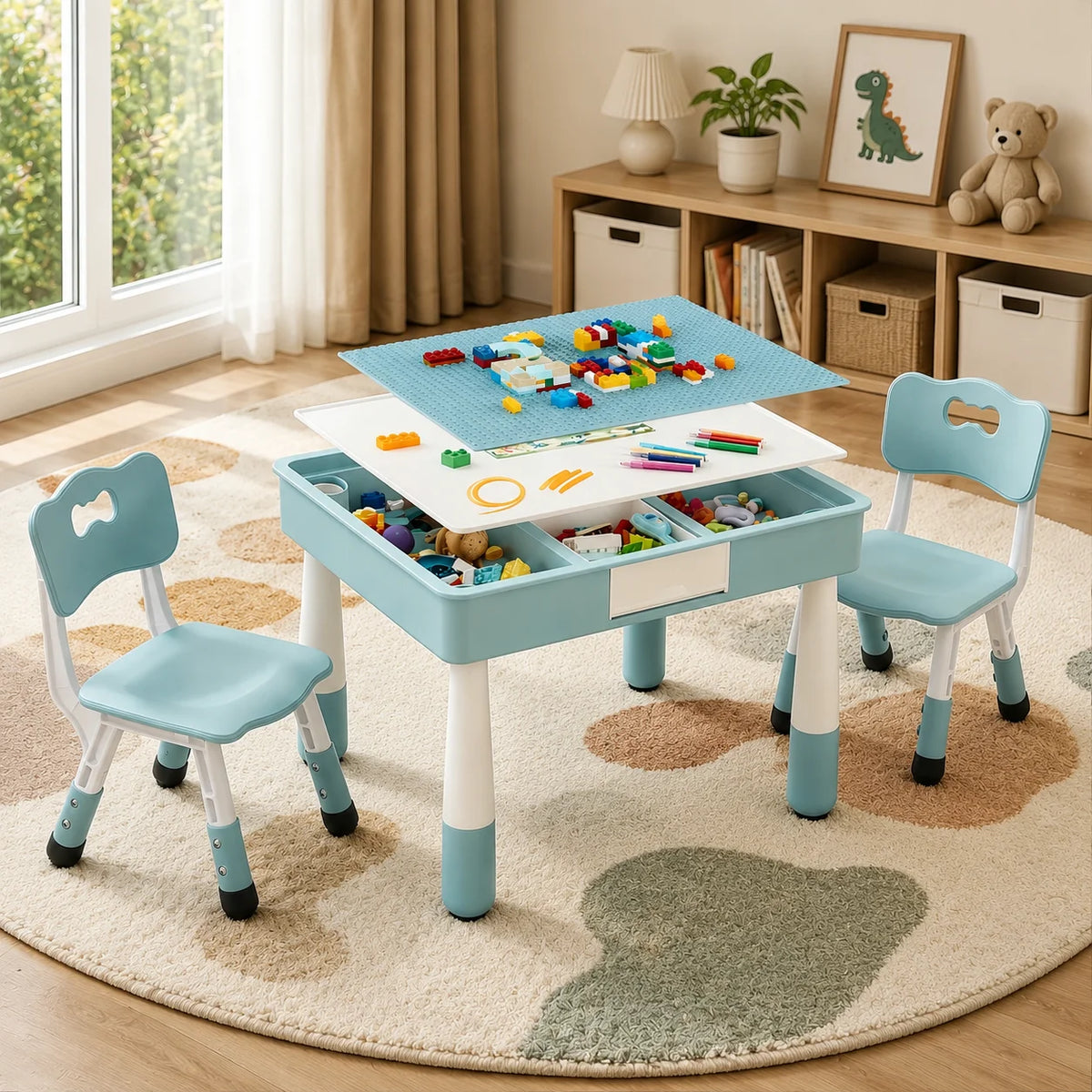 Adjustable Plastic Kids Table And Two Chairs Set With Storage