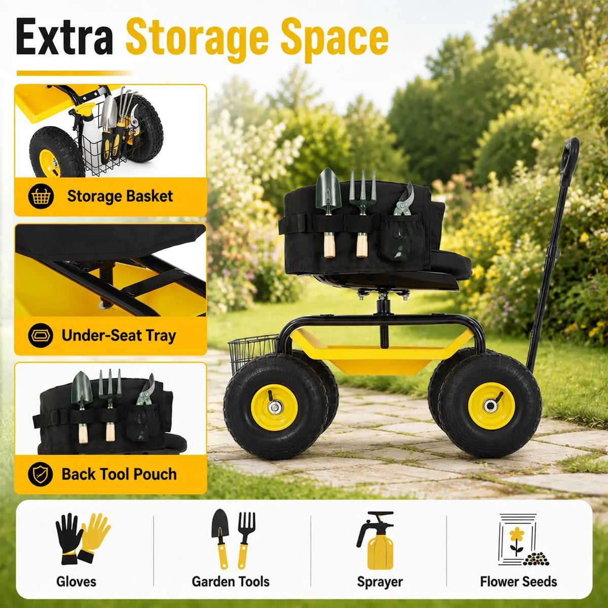 HiMISS Rolling Garden Seat Cart With Swivel Seat And Basket