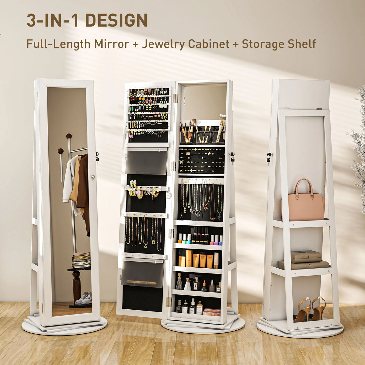 Homcom Lockable Swivel Jewelry Cabinet With Mirror And Back Storage