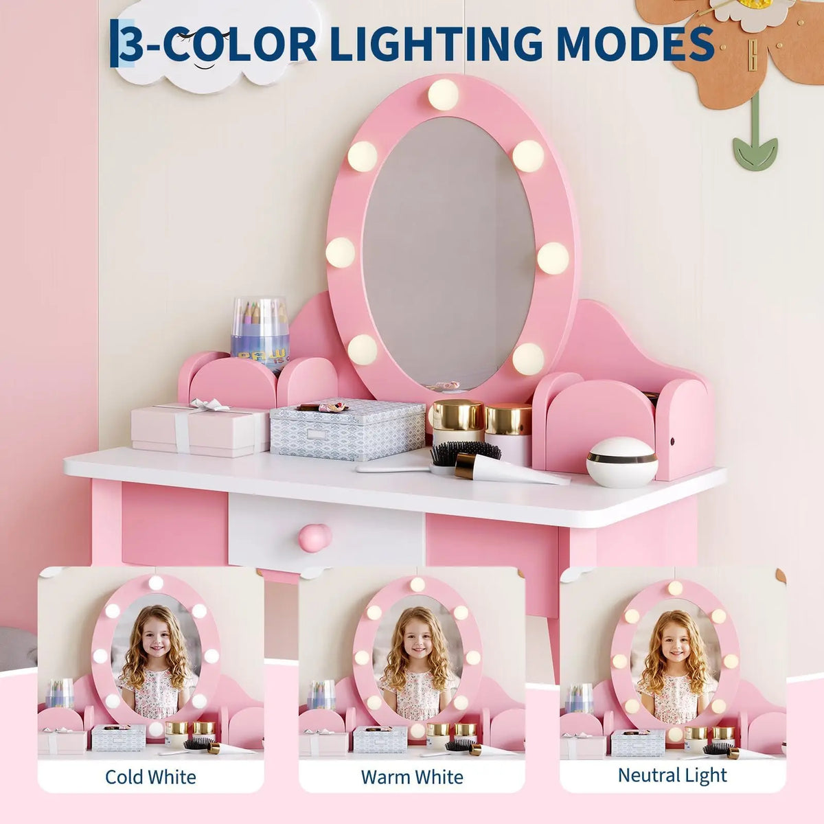 HiMISS Wooden Kids Vanity Desk With Illuminated Mirror