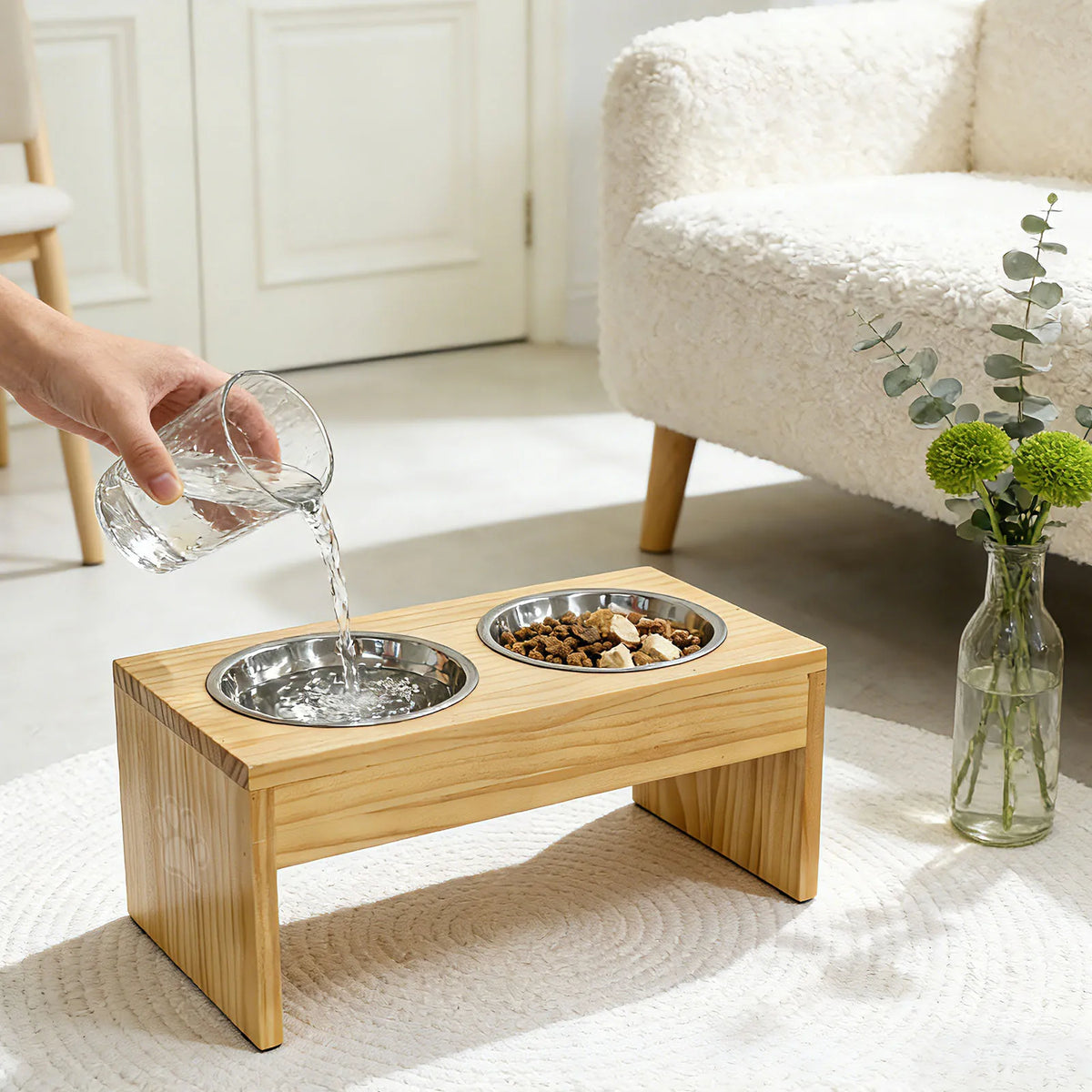 Wooden Elevated Dog Bowl Stand With Stainless Steel Double Bowls