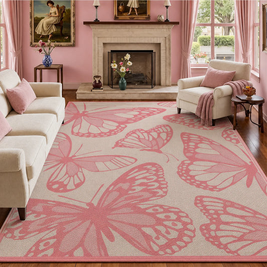 Indoor Soft Velvet Area Rug Butterfly Pattern Non Slip Backing