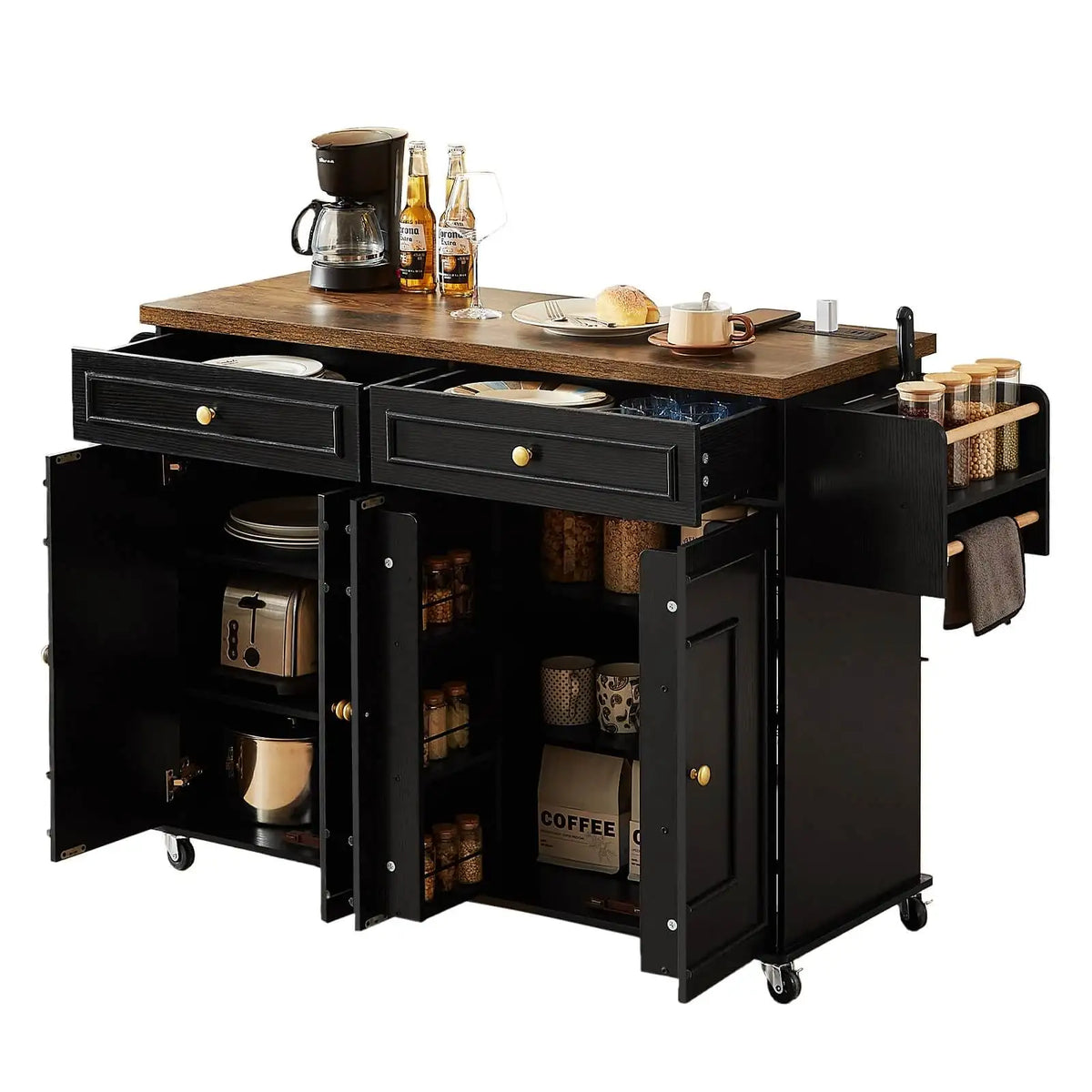 Wood Mobile Kitchen Island Drop Leaf Spice Rack Towel Rack