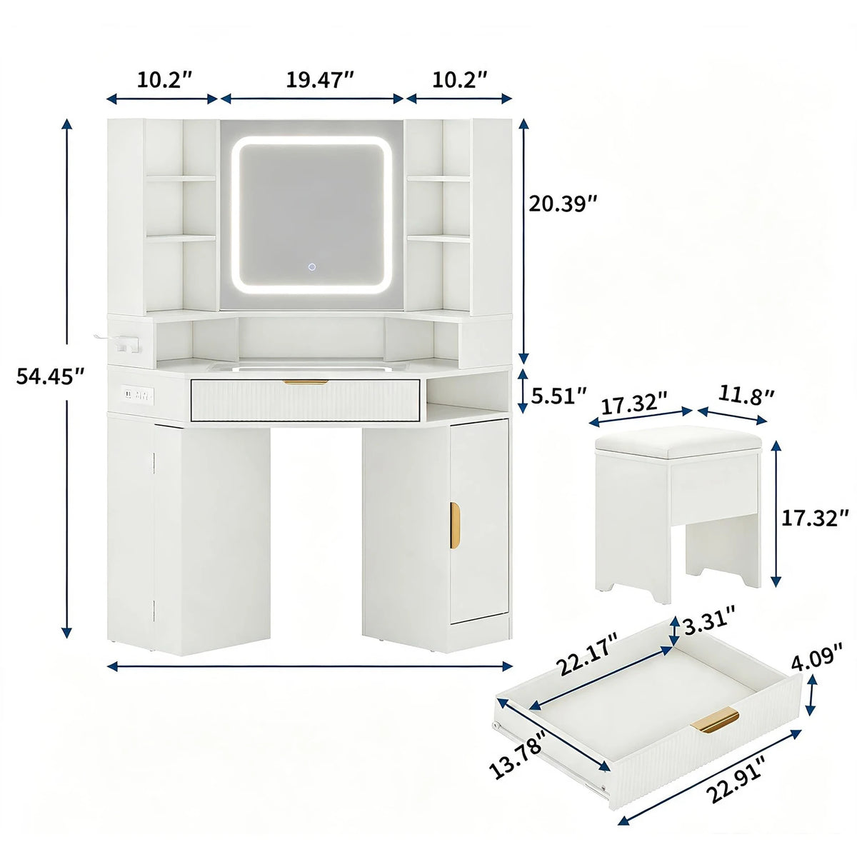 HiMISS Corner Vanity Desk With Mirror LED Lights And Charger