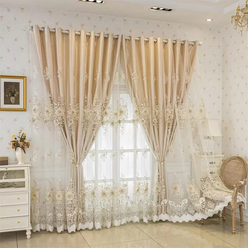 Luxury Double Layer Embroidered Blackout Curtains Set