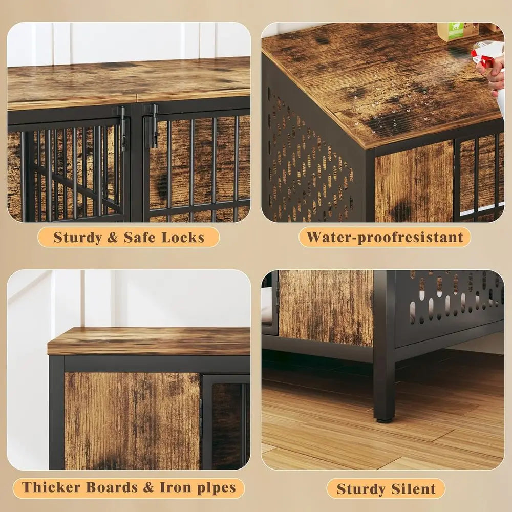 Indoor Double Dog Kennel With Removable Divider And Metal Frame