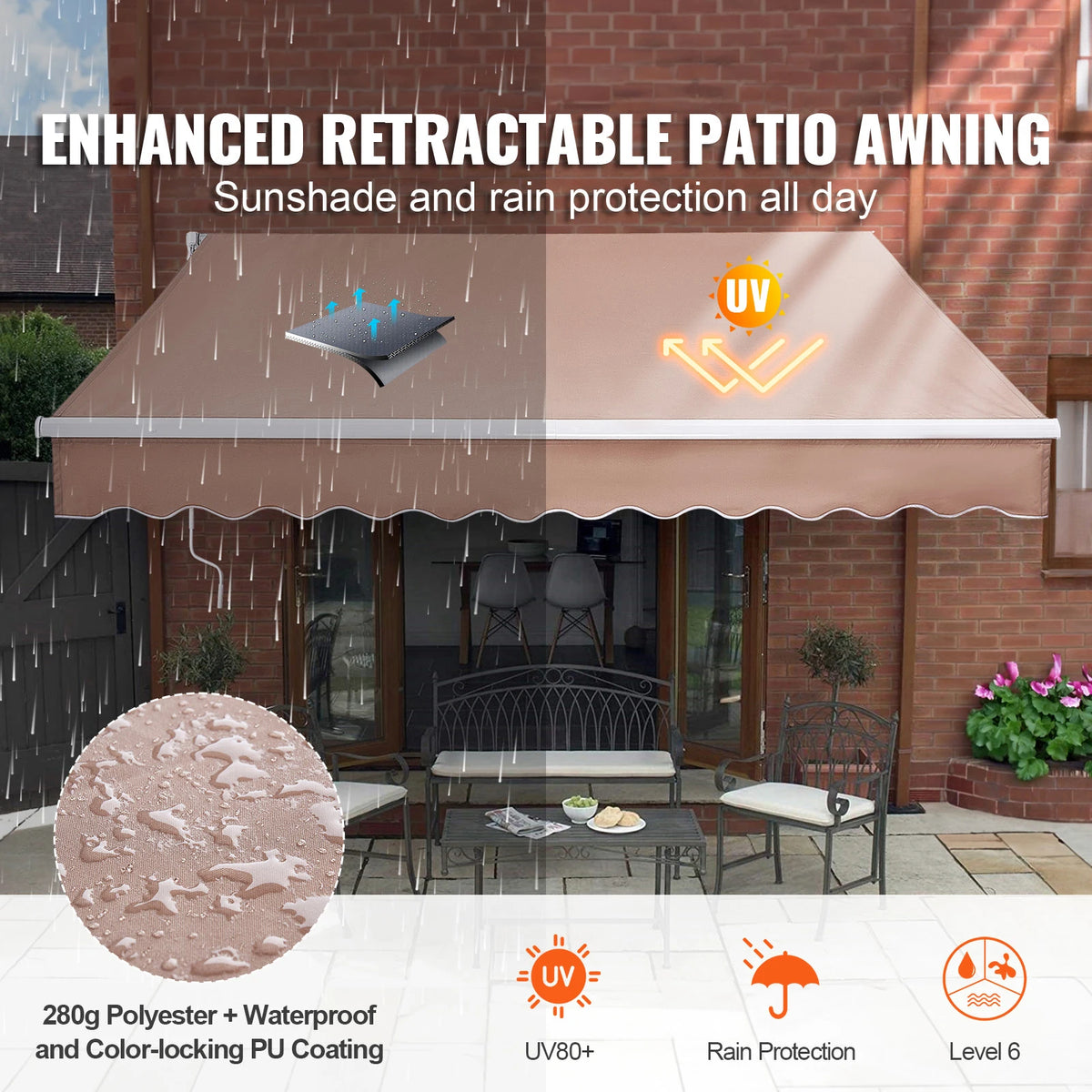 SucceBuy Manual Retractable Outdoor Awning With Water Resistant Polyester